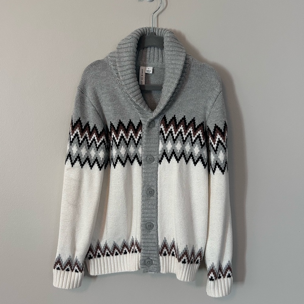 Janie and Jack Fair Isle Gray and White Shawl Collar Button-Up Cardigan